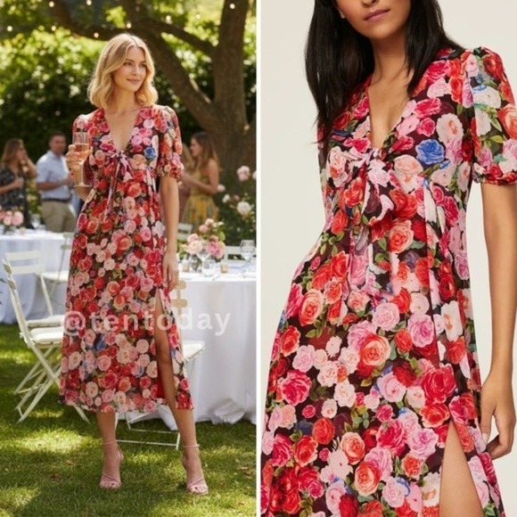 Mac Duggal Size 0 Pink Red Floral Rose Puff Sleeve V-Neck Cocktail Midi Dress